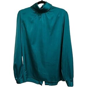 Vintage La Blouse Teal Silky Blouse Back Button Roll Collar Long Sleeve Sz 12